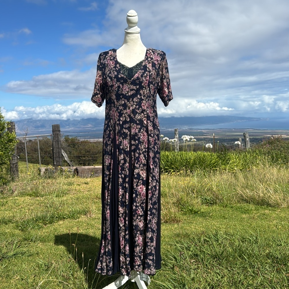 Vintage 90s Cottagecore Romantic blue Floral lace Maxi Dress Nostalgia Small